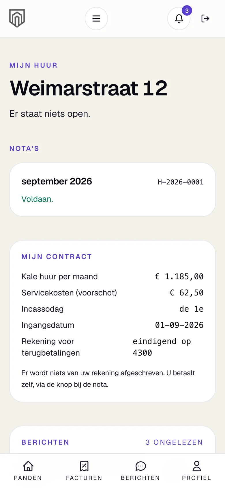 Het huurdersportaal op een telefoon: adres, nota van september, contract met kale huur en servicekosten, en de berichten.